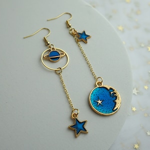 Galaxy Dangle Earrings - Blue Gold Astronomy Astrology Y2K 2000s Gift For Her Turquoise Dangle Space Stars Moon Delicate