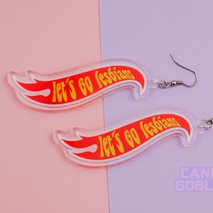 Let&#39;s Go Lesbians Earrings - Hot Wheels Meme Billy Eichner Acrylic Red Yellow LGBTQ+ Queer Pride Quirky Dangle