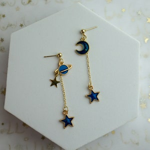 Galaxy Stud Earrings - Blue Gold Astronomy Astrology Y2K 2000s Gift For Her Turquoise Dangle Space Stars Moon Delicate