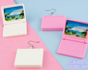 Laptop Earrings - White Pink Flip Tech Y2K Mac Book Apple 2000s Windows Computer Quirky Jewellery Oversized