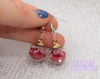 Snowglobe Sequin Earrings - Red Christmas Xmas Happy Holidays Winter Festival Glitter Stars Snow Globe Star Hygge Handmade