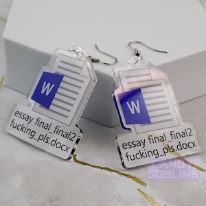 Word Earrings - Essay Uni University Back To School Acrylic Gift Quirky Relatable Icon Logo File Nerd Assignment Blue Dangle