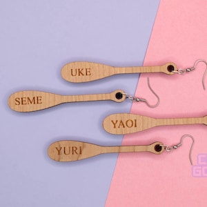 Yaoi Paddle Earrings - Yuri Seme Uke Otaku Anime Weeb Convention Con Cringecore Lasercut Wood BL Boys Love Fujoshi Meme