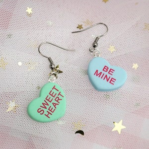 Love Heart Earrings - Mismatched Pastel Pink Sweet Lolita Candy Sweets Kidcore Party Kei Conversation Hearts Valentines Lilac