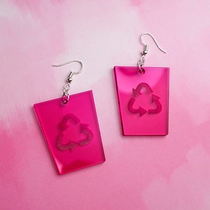 Trash Can Earrings - Handmade Laser Cut Neon Fluorescent Transparent Rave Yellow Pink Green Acrylic Windows XP 2000s Recycling Bin