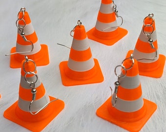 Cone Earrings - Neon Orange & White Striped Driving Lightweight PLA Raver Black Light Statement Quirky Building Work Zone Warning