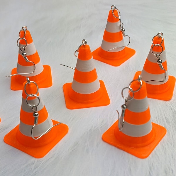 Traffic Cone Earrings - Neon Orange & White Striped Driving Lightweight PLA Raver Black Light Statement Quirky Building Work Zone Warning
