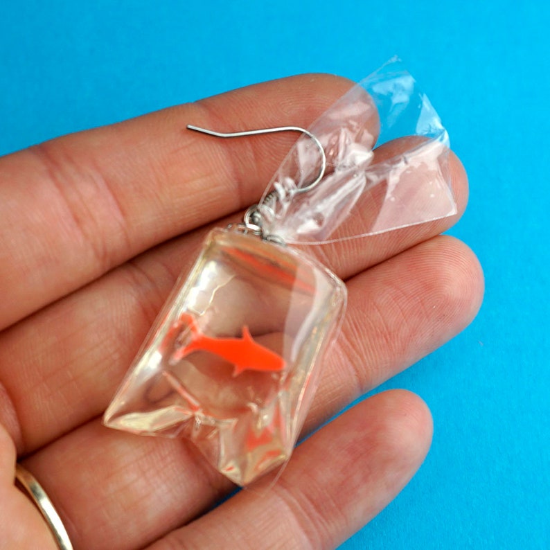 Goldfish Bag Earrings Orange Fish Animal Funfair Circus Jameela Jamil Kidcore Y2K Streetstyle Resin Unique Gift Clear Transparent image 3