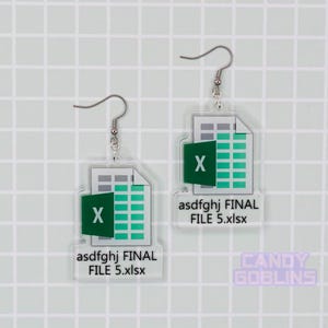 May include: A pair of green and white acrylic earrings featuring a stylized Microsoft Excel icon with the text "asdfghj FINAL FILE 5.xlsx".
