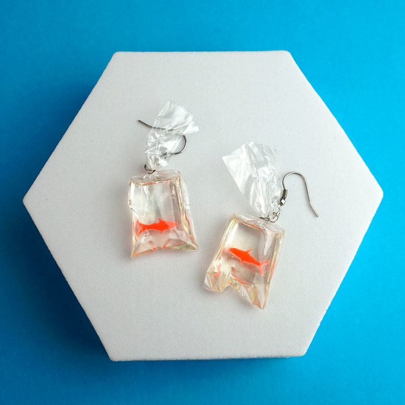 Goldfish Bag Earrings Orange Fish Animal Funfair Circus Jameela Jamil Kidcore Y2K Streetstyle Resin Unique Gift Clear Transparent image 6