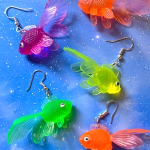 Multicolour Goldfish Earrings - Mismatch or Matching Pink Yellow Green Blue Neon Plastic Gummy Fish Gift Secret Santa