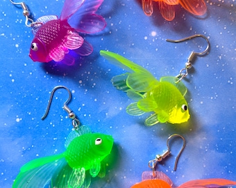 Multicolour Goldfish Earrings - Mismatch Pink Yellow Green Blue Neon Plastic Gummy Fish Gift Secret Santa Quirky Handmade UK