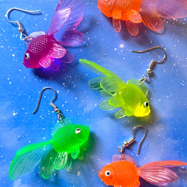 Multicolour Goldfish Earrings - Mismatch or Matching Pink Yellow Green Blue Neon Plastic Gummy Fish Gift Secret Santa