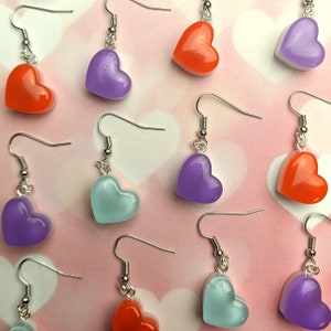 Haribo Heart Earrings - Purple/Red/Blue, Pastel, Sweet Lolita, Candy, Sweets, Kidcore, Party Kei, Hearts, Valentines, Kawaii, Quirky, Gifts