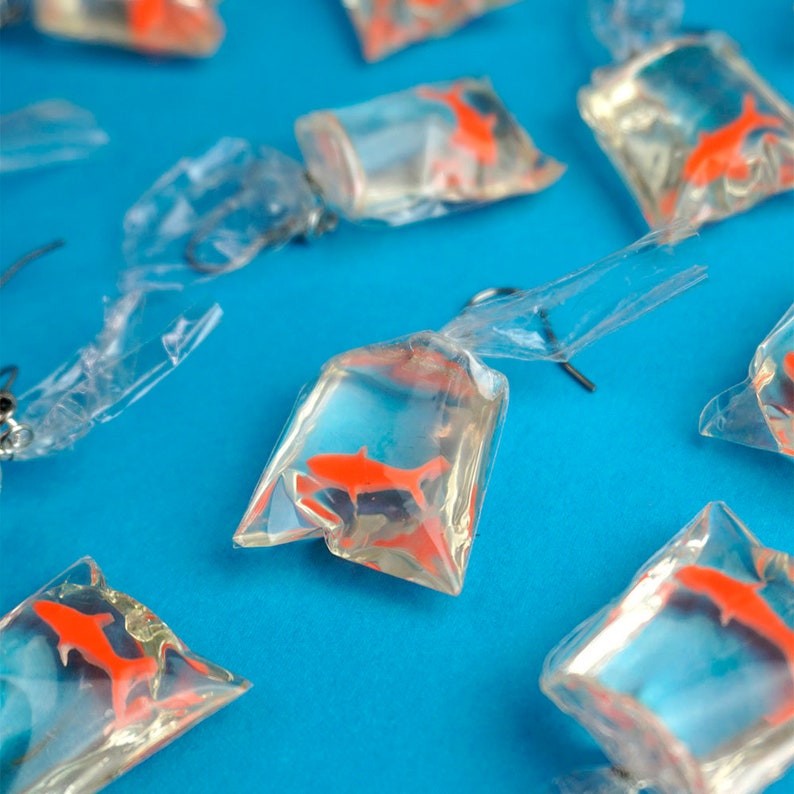 Goldfish Bag Earrings Orange Fish Animal Funfair Circus Jameela Jamil Kidcore Y2K Streetstyle Resin Unique Gift Clear Transparent image 8