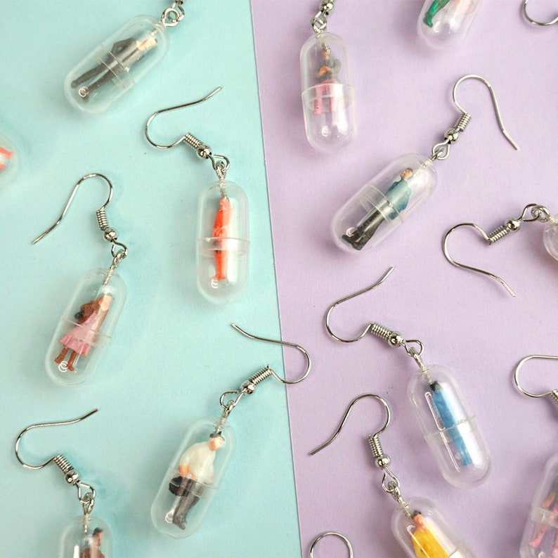 People Pill Earrings- Little capsule tablet style drugs medication miniature mini toy dollhouse doll kidcore kitsch and y2k style 