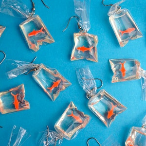 Goldfish Bag Earrings - Orange Fish Animal Funfair Circus Jameela Jamil Kidcore Y2K Streetstyle Resin Unique Gift Clear Transparent