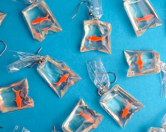 Goldfish Bag Earrings - Orange Fish Animal Funfair Circus Jameela Jamil Kidcore Y2K Streetstyle Resin Unique Gift Clear Transparent