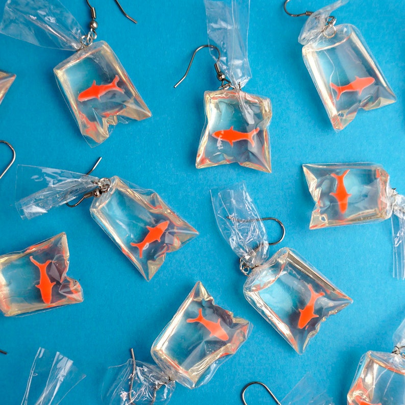 Goldfish Bag Earrings Orange Fish Animal Funfair Circus Jameela Jamil Kidcore Y2K Streetstyle Resin Unique Gift Clear Transparent image 1