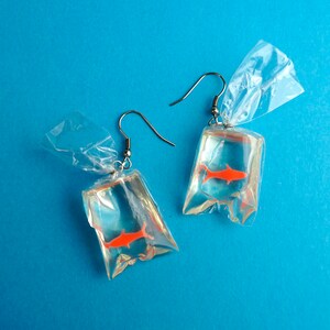 Goldfish Bag Earrings Orange Fish Animal Funfair Circus Jameela Jamil Kidcore Y2K Streetstyle Resin Unique Gift Clear Transparent image 2