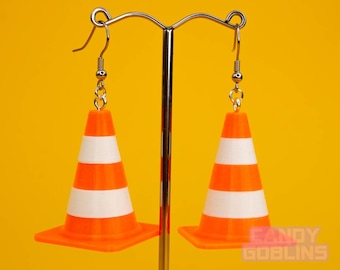 Traffic Cone Earrings - Glasgow Neon Duke of Wellington Orange & White Striped Driving Lightweight PLA Raver Black Light Statement Quirky