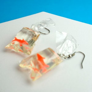 Goldfish Bag Earrings Orange Fish Animal Funfair Circus Jameela Jamil Kidcore Y2K Streetstyle Resin Unique Gift Clear Transparent image 7