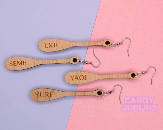 Yaoi Paddle Earrings - Yuri Seme Uke Otaku Anime Weeb Convention Con Cringecore Lasercut Wood BL Boys Love Fujoshi Meme