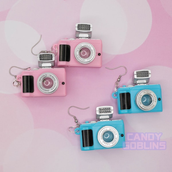 Camera Earrings - Blue Pink Flash Electronic Photography Photos Pictures Oversized Novelty Kidcore Photographer Raver Party Kei Decora Girly