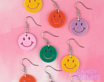 Smiley Earrings - Rave Y2K Happy Acrylic Charm Festival Retro Colourful Yellow Orange Pink Purple Lightweight