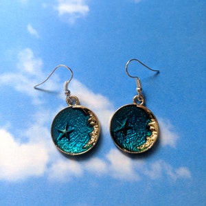 Galaxy Circle Earrings - space gold zodiac astronomy astrology lucky drop turquoise blue chain moon and star