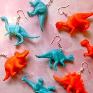 Dinosaur Earrings - Blue/Orange, Mismatch, Neon Dino, Dangle, Plastic, Turquoise Animal, Kitsch, Prehistoric, Animal, Kidcore Toy