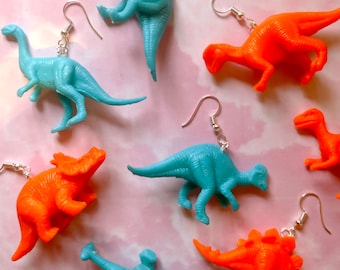 Dinosaur Earrings - Blue/Orange, Mismatch, Neon Dino, Dangle, Plastic, Turquoise Animal, Kitsch, Prehistoric, Animal, Kidcore Toy