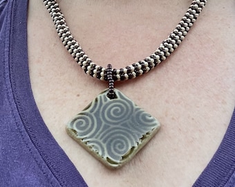Boho Beaded Necklace – Ceramic Swirl Pendant, Sterling Silver Findings
