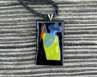 Abstract Dichroic Fused Glass Pendant Necklace – Black with Yellow, Blue & Red – Bold Modern Jewelry
