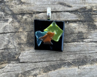 Abstract Dichroic Fused Glass Pendant Necklace – Black with Yellow, Blue & Red – Bold Modern Jewelry