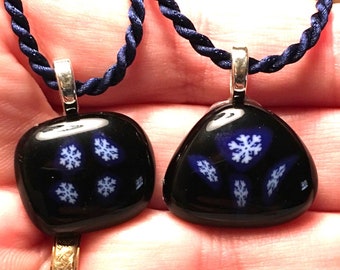 Blue Snowflakes on black fused glass pendant with velvet rope necklace