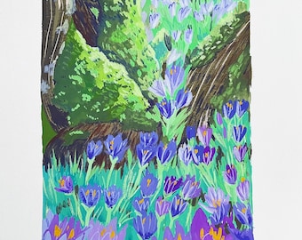 Oak & Crocus Forest Original Gouache Painting, handmade, forestcore, flowers, botanical art