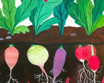May include: An illustration of a garden with various vegetables growing in the ground. The illustration shows the vegetables above ground and below ground. The vegetables include radishes, turnips, and beetroot. The illustration is painted in a whimsical style with bright colours.