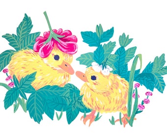 Two Flower-Hat Ducklings Art Print by Julian Plum