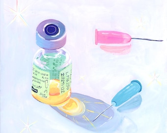 May include: An artistic illustration of a vial and two syringes. The vial has a purple and blue cap and a green label. One syringe is pink, and the other is blue. The background is white with star-like accents.