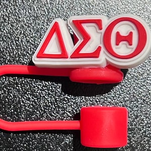 May include: Red and white silicone bottle stopper with the letters "&Delta;&Sigma;&Theta;" in white with red outlines. The stopper is attached to a red silicone loop.