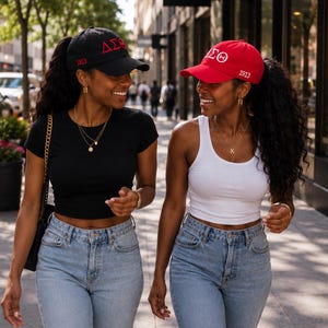 May include: A black baseball cap with red Greek letters and the number 1913 embroidered in red, and a red baseball cap with white Greek letters and the number 1913 embroidered in white. Both caps feature a structured crown and a curved brim.