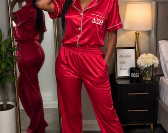 DST Red Satin Pajamas short sleeve top with long pants