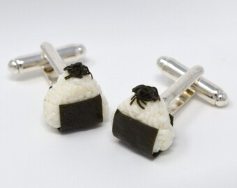 Handmade Japanese Miniature Food Rice & Seaweed Ball Onigiri Omusubi Nori Cuff Links