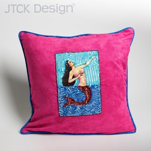 Gorgeous Luxurious One of a Kind Mexican Folk Art Cushion Pillow Cover Featuring Beaded Sequin Patch of La Sirena Mermaid La Loteria