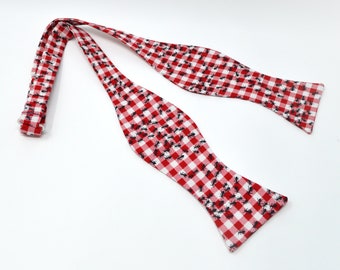 Ants on Red Checkered Bow Tie, Handmade Cotton Necktie