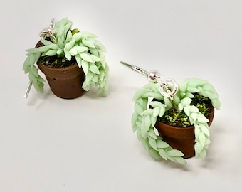 Gorgeous Delicate Succulent Potted Donkey Tails Green Earrings Findings Sterling Silver .925 Handmade Miniature House Plant