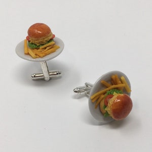 Handmade American Comfort Food Chicken Sandwich and French Fries Cufflinks Cuff Links Food Miniature