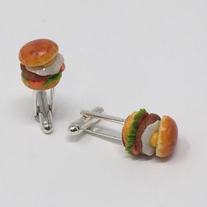 Handmade American Comfort Food Hamburger Fried Egg Sandwich Cuff Links Food Miniature