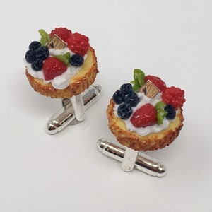 Handmade Miniature Food French Pastry Strawberry & Blueberry Cream Tart Cuff Links